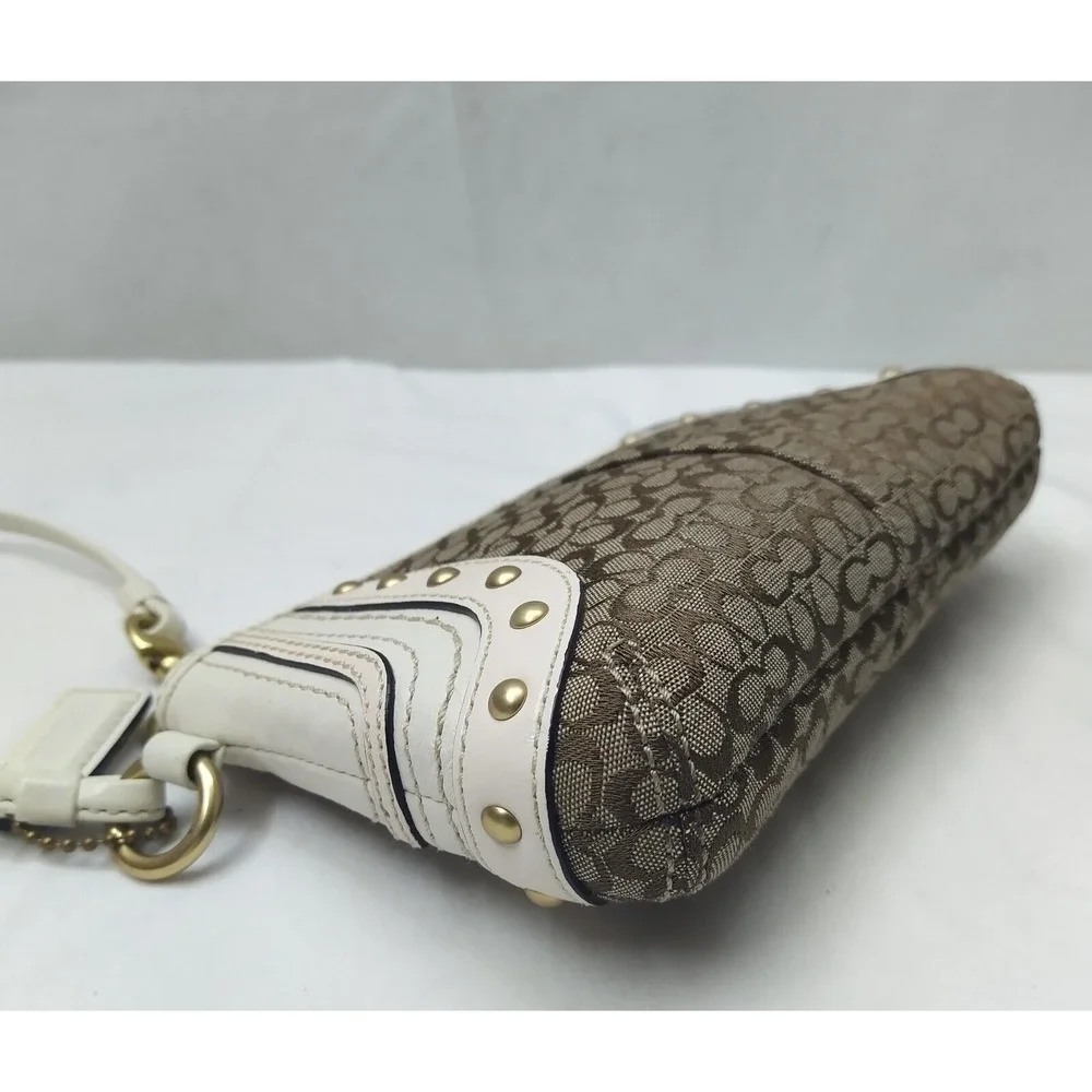 Coach Mini C Brown Canvas Leather Trim Studded Zipper Wristlet - Coin Wallet